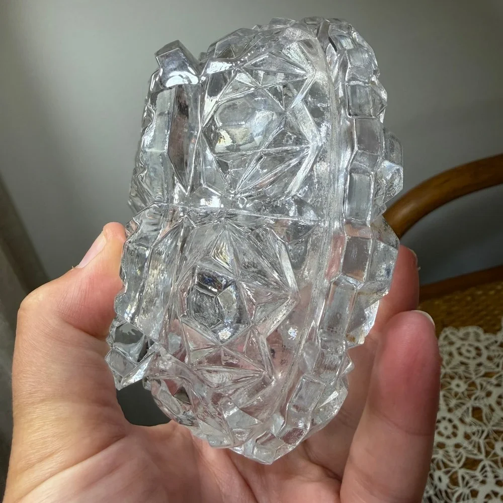 Vintage Glass Diamond Point Clear Covered Candy Dish Footed Oval 5in